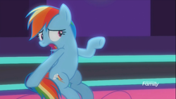 Size: 1280x721 | Tagged: safe, imported from derpibooru, screencap, rainbow dash, pony, grannies gone wild, female, sitting, solo