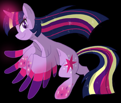 Size: 1750x1500 | Tagged: safe, artist:canisrettmajoris, imported from derpibooru, twilight sparkle, alicorn, pony, black background, cutie mark, female, looking at you, mare, profile, rainbow power, simple background, smiling, solo, spread wings, twilight sparkle (alicorn), wings