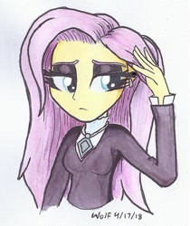 Size: 630x749 | Tagged: safe, artist:astevenamedwolf, imported from derpibooru, fluttershy, equestria girls, fake it 'til you make it, bust, clothes, fluttergoth, looking away, portrait, traditional art