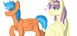 Size: 2500x1200 | Tagged: safe, artist:canisrettmajoris, imported from derpibooru, oc, oc only, oc:apple gemstone, oc:quick-witt, pegasus, pony, unicorn, gay, heart, magical lesbian spawn, male, next generation, oc x oc, offspring, offspring shipping, one sided shipping, parent:applejack, parent:quibble pants, parent:rainbow dash, parent:rarity, parents:quibbledash, parents:rarijack, shipping, simple background, smiling, stallion, white background