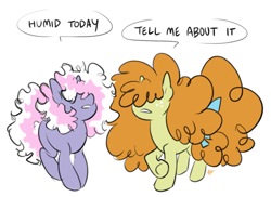 Size: 650x473 | Tagged: safe, artist:egophiliac, imported from derpibooru, part of a set, powder, pumpkin cake, unicorn, slice of pony life, comic, dialogue, duo, female, filly, frizzy hair, g1, g1 to g4, g4, garfield, generation leap, messy mane, older, older powder, older pumpkin cake, raised hoof, signature, simple background, speech bubble, white background