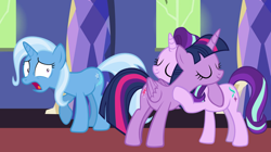 Size: 1190x668 | Tagged: safe, artist:themexicanpunisher, imported from derpibooru, starlight glimmer, trixie, twilight sparkle, alicorn, pony, unicorn, eyes closed, female, hug, jealous, mare, platonic jealousy, smiling, twilight sparkle (alicorn)