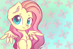 Size: 1920x1300 | Tagged: safe, artist:moon-wing, imported from derpibooru, fluttershy, pegasus, pony, bust, chest fluff, chibi, cute, cutie mark background, ear fluff, female, hooves to the chest, leg fluff, looking at you, mare, portrait, shyabetes, solo, spread wings, wings