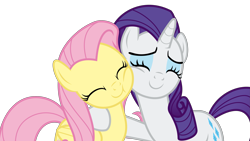 Size: 5333x3000 | Tagged: safe, artist:sollace, imported from derpibooru, fluttershy, rarity, pegasus, pony, unicorn, fake it 'til you make it, .svg available, c:, cute, daaaaaaaaaaaw, duo, eyes closed, female, hnnng, hug, raribetes, show accurate, shyabetes, simple background, smiling, smoosh, squishy cheeks, transparent background, vector