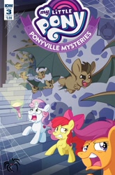 Size: 1054x1600 | Tagged: safe, artist:philip murphy, idw, imported from derpibooru, apple bloom, scootaloo, sweetie belle, bat, earth pony, pony, spider, unicorn, luna eclipsed, ponyville mysteries, spoiler:comic, spoiler:comicponyvillemysteries3, cover, cutie mark crusaders, faic, female, filly, flashlight (object), magic, spider web, telekinesis