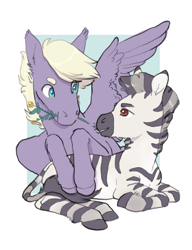 Size: 1051x1372 | Tagged: safe, artist:amphoera, imported from derpibooru, oc, oc only, oc:gale force, oc:sahay, pegasus, pony, zebra, cuddling, duo, ear fluff, flower, flower in mouth, gay, looking at each other, lying, male, mouth hold, oc x oc, plant, prone, shipping, simple background, spread wings, wings, zebra oc