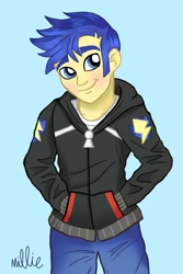 Size: 800x1200 | Tagged: safe, artist:millie dubois, imported from derpibooru, flash sentry, equestria girls, equestria girls series, alternate hairstyle, blushing, clothes, cute, diasentres, hand in pocket, hands in pockets, hoodie, looking at you, male