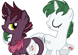 Size: 924x652 | Tagged: safe, artist:sohoneyle, imported from derpibooru, oc, oc only, oc:crystal floor, oc:vortex shadow, dracony, hybrid, bandage, base used, duo, interspecies offspring, male, offspring, parent:discord, parent:rarity, parent:spike, parent:tempest shadow, parents:sparity, parents:tempestcord, simple background, white background