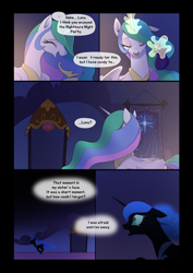 Size: 1024x1448 | Tagged: safe, artist:gashiboka, imported from derpibooru, nightmare moon, princess celestia, princess luna, alicorn, pony, comic:scar of solar, bag, candy, comic, crying, female, flashback, food, magic, mare, nightmare moon glamour, telekinesis