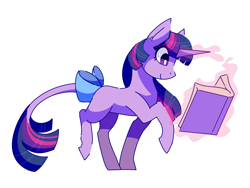 Size: 4000x3000 | Tagged: safe, artist:uunicornicc, imported from derpibooru, twilight sparkle, pony, unicorn, belle, book, bow, cute, female, glowing horn, leonine tail, magic, mare, reading, simple background, smiling, solo, tail bow, telekinesis, unicorn twilight, walking, white background