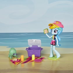 Size: 1500x1500 | Tagged: safe, imported from derpibooru, rainbow dash, tank, turtle, equestria girls, equestria girls series, barefoot, beach, clothes, doll, equestria girls minis, feet, food, hat, irl, launch, ocean, photo, sandwich, smiling, swimsuit, toy