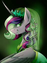 Size: 3000x4000 | Tagged: safe, artist:uunicornicc, imported from derpibooru, princess cadance, queen chrysalis, alicorn, changeling, changeling queen, a canterlot wedding, abstract background, clothes, disguise, disguised changeling, dress, fake cadance, fangs, female, floral head wreath, flower, looking at you, profile, slit eyes, slit pupils, solo, spread wings, veil, wings