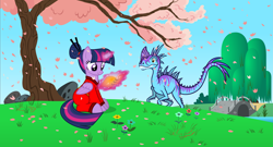 Size: 10139x5487 | Tagged: safe, artist:smcho1014, deleted from derpibooru, imported from derpibooru, twilight sparkle, oc, oc:wild sketchy, alicorn, dinosaur, absurd resolution, book, bridge, cherry blossoms, china, chinese, chinese clothes, flower, flower blossom, monolophosaurus, tree, twilight sparkle (alicorn)