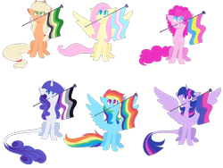 Size: 1600x1200 | Tagged: safe, artist:uunicornicc, imported from derpibooru, applejack, fluttershy, pinkie pie, rainbow dash, rarity, twilight sparkle, alicorn, earth pony, pegasus, pony, applejack's hat, aromantic, aromantic pride flag, asexual pride flag, bi twi, bilight sparkle, bisexual pride flag, cowboy hat, female, gay pride, gay pride flag, gender headcanon, hair tie, hat, headcanon, leonine tail, lgbt headcanon, looking up, mane six, mare, pansexual pride flag, pride, pride flag, sexuality headcanon, simple background, sitting, spread wings, transgender, transgender pride flag, transparent background, twilight sparkle (alicorn), wings