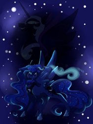 Size: 1200x1600 | Tagged: safe, artist:uunicornicc, imported from derpibooru, nightmare moon, princess luna, alicorn, pony, abstract background, crying, cutie mark, duality, ethereal mane, female, glowing horn, grin, helmet, jewelry, looking down, mare, regalia, smiling, spread wings, starry mane, wings