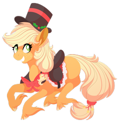 Size: 1059x1086 | Tagged: safe, artist:uunicornicc, imported from derpibooru, part of a set, applejack, earth pony, pony, bow, christmas, female, freckles, hair tie, hat, holiday, holly, looking back, mare, missing accessory, running, saddle, simple background, smiling, solo, top hat, transparent background, unshorn fetlocks