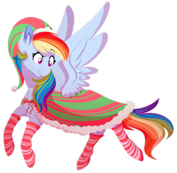 Size: 1095x1071 | Tagged: safe, artist:uunicornicc, imported from derpibooru, part of a set, rainbow dash, pegasus, pony, beautiful, christmas, cloak, clothes, elf hat, female, hat, holiday, mare, rainbow dash always dresses in style, raised eyebrow, simple background, socks, solo, spread wings, striped socks, transparent, transparent background, wings