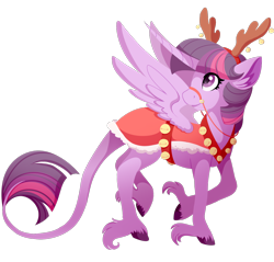 Size: 1152x1101 | Tagged: safe, artist:uunicornicc, imported from derpibooru, part of a set, twilight sparkle, alicorn, pony, antlers, cape, christmas, clothes, curved horn, ear fluff, female, harness, holiday, leonine tail, long horn, long tail, looking over shoulder, mare, reindeer antlers, reins, simple background, solo, spread wings, tack, transparent background, twilight sparkle (alicorn), unshorn fetlocks, wings