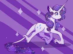 Size: 1600x1200 | Tagged: safe, artist:uunicornicc, imported from derpibooru, rarity, pony, unicorn, abstract background, cutie mark, ear fluff, female, leonine tail, long horn, long tail, mare, solo, unshorn fetlocks, walking