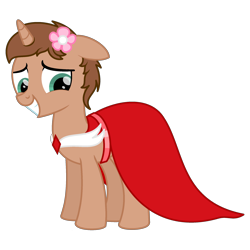 Size: 2300x2300 | Tagged: safe, artist:peternators, imported from derpibooru, oc, oc only, oc:heroic armour, pony, unicorn, clothes, colt, crossdressing, dress, floppy ears, flower, flower in hair, male, simple background, smiling, solo, teenager, transparent background, younger