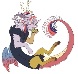 Size: 2833x2676 | Tagged: safe, artist:lopoddity, deleted from derpibooru, imported from derpibooru, oc, oc only, oc:ophelia, draconequus, frog, hybrid, antlers, commission, curved horn, draconequus oc, female, heart, horn, interspecies offspring, kissing, offspring, parent:discord, parent:twilight sparkle, parents:discolight, simple background, transparent background