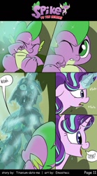 Size: 800x1440 | Tagged: safe, artist:emositecc, artist:titanium-pony, imported from derpibooru, queen chrysalis, spike, starlight glimmer, changeling, dragon, pony, unicorn, comic:spike to the rescue, season 8, alternate hairstyle, bondage, comic, dialogue, encasement, female, frozen, glowing horn, ice, magic, male, panting, speech bubble, sweat, winged spike, wings