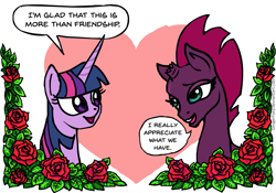 Size: 1199x837 | Tagged: safe, artist:gingerfoxy, imported from derpibooru, fizzlepop berrytwist, tempest shadow, twilight sparkle, pony, unicorn, pony couple generator, my little pony: the movie, female, flower, heart, lesbian, rose, shipping, tempestlight