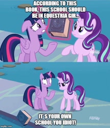 Size: 500x581 | Tagged: safe, edit, edited screencap, imported from derpibooru, screencap, starlight glimmer, twilight sparkle, alicorn, school daze, book, book abuse, eea rulebook, meme, starlight savage, throwing, twilight sparkle (alicorn)