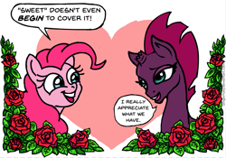 Size: 1201x841 | Tagged: safe, artist:gingerfoxy, imported from derpibooru, fizzlepop berrytwist, pinkie pie, tempest shadow, earth pony, pony, unicorn, pony couple generator, my little pony: the movie, female, flower, heart, lesbian, rose, shipping, tempestpie