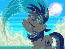 Size: 800x600 | Tagged: safe, artist:rangelost, imported from derpibooru, sea swirl, seafoam, pony, unicorn, background pony, eyes closed, female, lens flare, mane flip, mare, pixel art, solo, wet mane