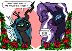 Size: 889x627 | Tagged: safe, artist:gingerfoxy, imported from derpibooru, nightmare rarity, queen chrysalis, changeling, changeling queen, pony, unicorn, pony couple generator, female, flower, heart, leaf, lesbian, nightmare rarilis, rose, shipping