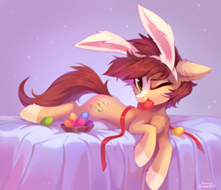 Size: 1811x1558 | Tagged: safe, artist:ramiras, artist:share dast, imported from derpibooru, oc, oc only, oc:bead trail, earth pony, pony, bed, bunny ears, chest fluff, coat markings, ear fluff, easter, easter bunny, easter egg, egg, female, floppy ears, fluffy, holiday, hoof fluff, leg fluff, looking at you, mare, mouth hold, one eye closed, prone, ribbon, rule 63, socks (coat marking), socks (coat markings), solo, ych result