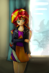 Size: 1377x2039 | Tagged: safe, artist:oberon826, imported from derpibooru, sunset shimmer, equestria girls, beautiful, clothes, crossed arms, female, jacket, leather jacket, looking at you, skirt, solo