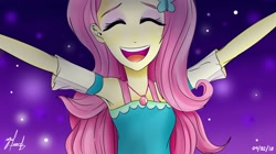 Size: 1280x715 | Tagged: safe, artist:markvoid21, imported from derpibooru, fluttershy, equestria girls, equestria girls series, so much more to me, armpits, clothes, dress, eyes closed, female, geode of fauna, open mouth, scene interpretation, signature, singing, solo