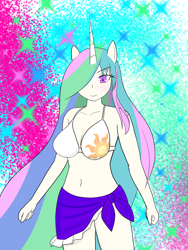 Size: 1500x2000 | Tagged: safe, artist:rdash2116108, imported from derpibooru, princess celestia, anthro, belly button, bikini, breasts, clothes, cutie mark, female, hidden eyes, human facial structure, pareo, solo, swimsuit