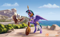 Size: 1440x900 | Tagged: safe, artist:kirillk, imported from derpibooru, owlowiscious, twilight sparkle, alicorn, owl, pony, acropolis, alternate design, armor, athena sparkle, athens, clothes, cloud, costume, female, greek clothes, greek helmet, greek mythology, helmet, hoplite, horn, mare, mythology, ocean, parthenon, patreon, patreon logo, scroll, shield, sky, spear, tree, twilight sparkle (alicorn), warrior twilight sparkle, weapon, wings