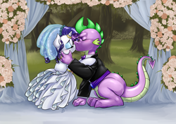 Size: 1200x846 | Tagged: safe, artist:pia-sama, imported from derpibooru, rarity, spike, dragon, pony, unicorn, bride, clothes, dress, eyes closed, female, groom, horn ring, kiss on the lips, kissing, male, mare, marriage, older, older spike, ring, shipping, sparity, straight, wedding, wedding dress, wedding ring