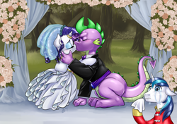 Size: 1200x846 | Tagged: safe, alternate version, artist:pia-sama, imported from derpibooru, rarity, shining armor, spike, dragon, pony, unicorn, bipedal, bride, clothes, crying, crying armor, dress, eyes closed, female, groom, handkerchief, hoof hold, horn ring, kiss on the lips, kissing, liquid pride, male, mare, marriage, meme, older, older spike, ring, sad, sad armor, shipping, sparity, stallion, straight, tissue, trio, wedding, wedding dress, wedding ring, whining, whining armor