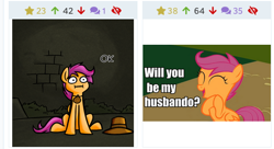 Size: 514x280 | Tagged: safe, artist:alskylark, imported from derpibooru, scootaloo, derpibooru, :i, hat, husbando, image macro, jewelry, juxtaposition, juxtaposition win, meme, meta, necklace, scootalootheadventurer