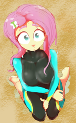 Size: 848x1366 | Tagged: safe, artist:noupu, imported from derpibooru, fluttershy, equestria girls, equestria girls series, forgotten friendship, big breasts, breasts, busty fluttershy, clothes, feet, female, fluttershy's wetsuit, looking at you, solo, swimsuit, wetsuit