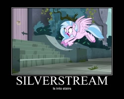 Size: 750x600 | Tagged: safe, imported from derpibooru, screencap, silverstream, classical hippogriff, hippogriff, school daze, captain obvious, female, motivational poster, pointing, solo, stairs, that hippogriff sure does love stairs