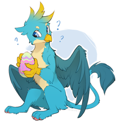 Size: 1134x1200 | Tagged: dead source, safe, artist:hioshiru, imported from derpibooru, gallus, griffon, school daze, cheek fluff, chest fluff, cute, easter egg, egg, fluffy, gallabetes, leg fluff, looking at something, male, question mark, simple background, sitting, slim, solo, spread wings, white background, wings