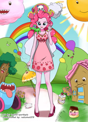 Size: 1024x1418 | Tagged: safe, artist:twilite-sparkleplz, imported from derpibooru, gummy, pinkie pie, equestria girls, anime, charlotte linlin, clothes, commission, crossover, dress, one piece, party cannon, pirate, rainbow, soru soru no mi, sun