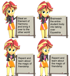 Size: 4000x4320 | Tagged: safe, artist:cjwong34, imported from derpibooru, sunset shimmer, equestria girls, 3d, clothes, comic, despicable me, exploitable meme, female, gru's plan, meme, simple background, skirt, source filmmaker, transparent background