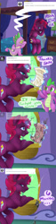 Size: 1000x4000 | Tagged: safe, artist:ericative, imported from derpibooru, fizzlepop berrytwist, spike, tempest shadow, dragon, pony, unicorn, my little pony: the movie, ask-fizzlepop, bed, broken horn, comic, eye scar, messy mane, pillow, scar, scroll