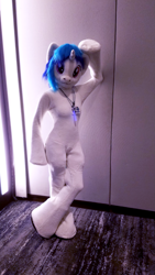 Size: 1049x1865 | Tagged: safe, artist:ask-wub-pon3, artist:atalonthedeer, artist:polar storm, imported from derpibooru, dj pon-3, vinyl scratch, human, babscon, babscon 2018, clothes, costume, fursuit, irl, irl human, photo, solo