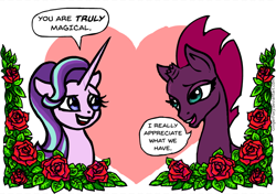 Size: 750x528 | Tagged: safe, artist:gingerfoxy, imported from derpibooru, starlight glimmer, tempest shadow, pony, unicorn, pony couple generator, my little pony: the movie, duo, female, flower, heart, mare, rose, shipping, tempestglimmer