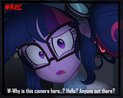 Size: 1280x1024 | Tagged: safe, artist:wubcakeva, imported from derpibooru, sci-twi, twilight sparkle, comic:twilight's lab, equestria girls, bust, camera shot, clothes, glasses, goggles, shrunken pupils