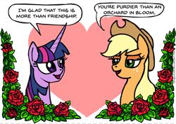 Size: 600x424 | Tagged: safe, artist:gingerfoxy, imported from derpibooru, applejack, twilight sparkle, earth pony, pony, pony couple generator, duo, female, flower, heart, heart background, lesbian, rose, shipping, speech bubble, twijack