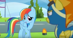 Size: 1050x544 | Tagged: safe, imported from derpibooru, screencap, rainbow dash, spitfire, pegasus, pony, newbie dash, alternate hairstyle, bashful, blushing, care mare, clothes, cute, dashabetes, open mouth, spitfire is not amused, uniform, unimpressed, wonderbolts uniform